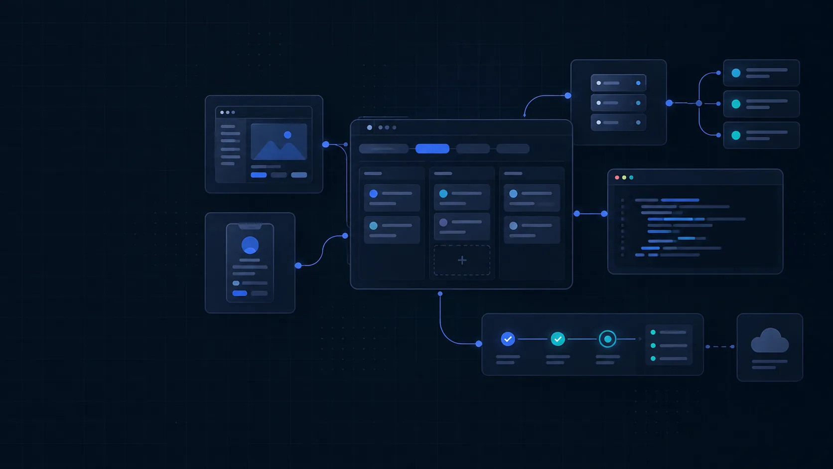 Abstract software dashboard showing connected application modules and delivery stages