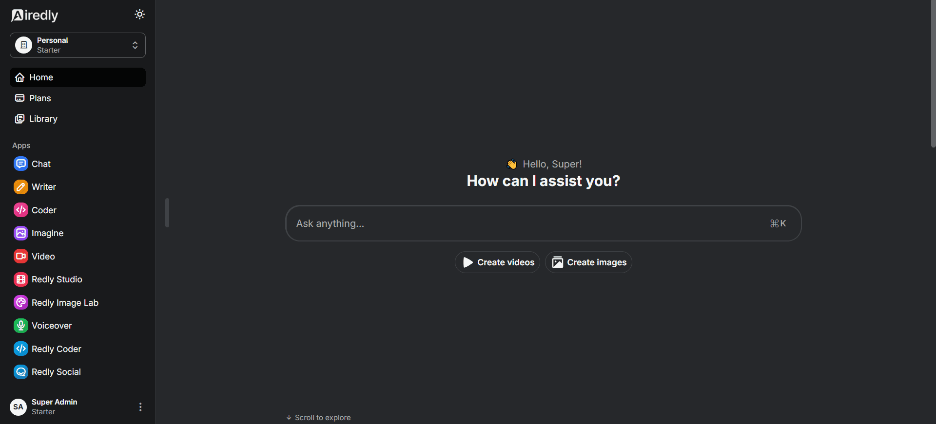 AiRedly workspace with product navigation, AI chat prompt, and creation shortcuts