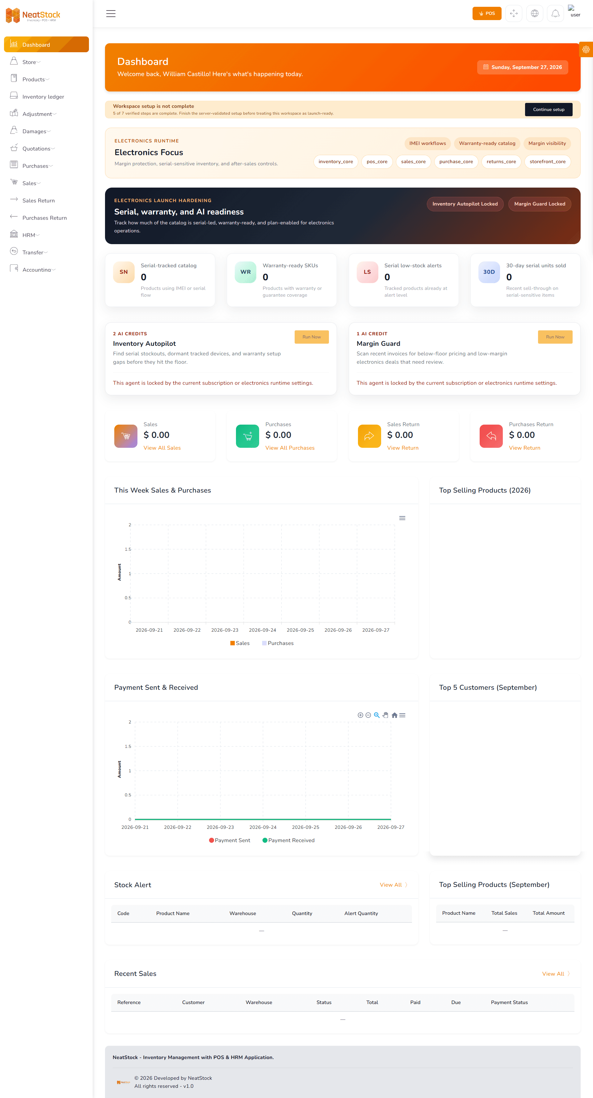 NeatStock workspace dashboard showing catalog readiness, stock signals, business activity, and operational tools