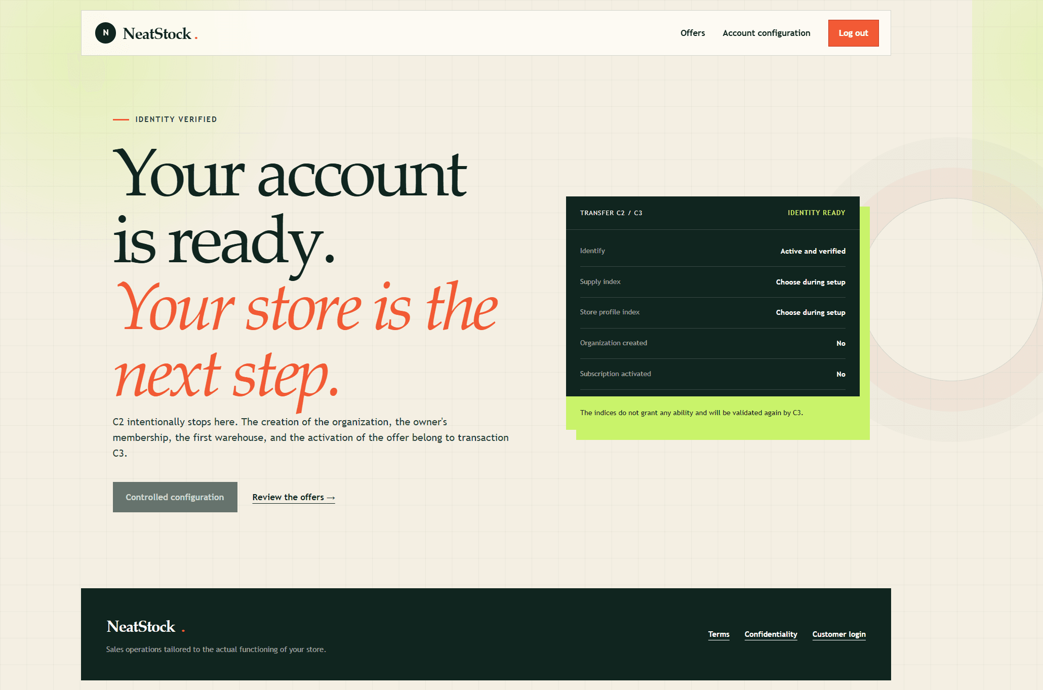 NeatStock account setup screen separating identity verification from organization activation