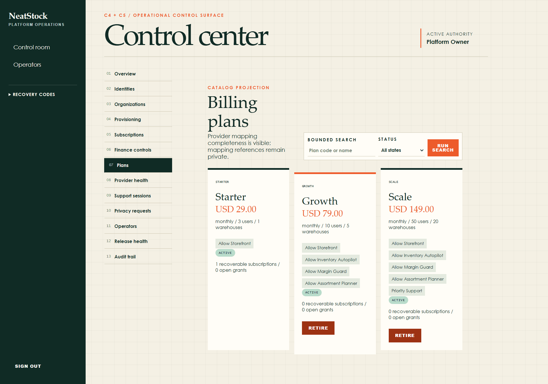 NeatStock platform plan configuration with user, warehouse, and operational feature controls