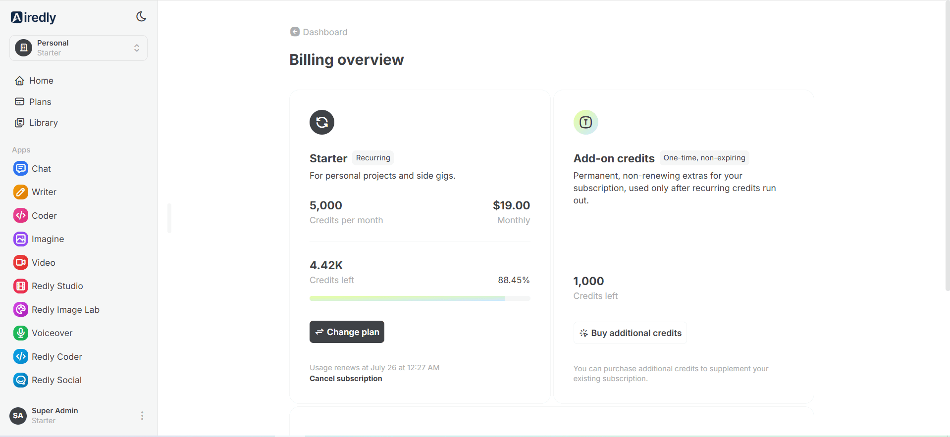 AiRedly billing overview with subscription and credit usage panels