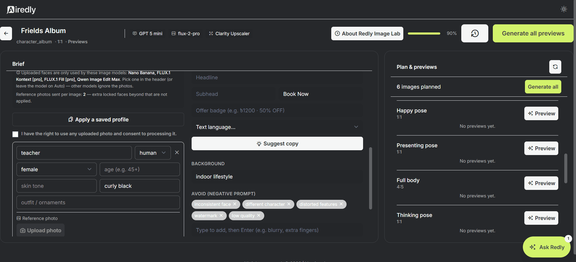 Redly Image Lab interface with brief controls and a panel for planned image previews