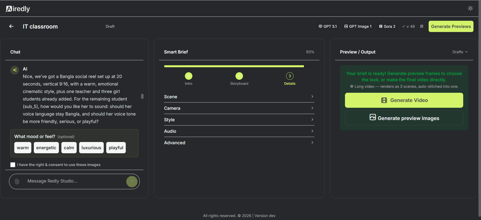 Redly Studio interface with conversational guidance, smart brief steps, and video generation actions