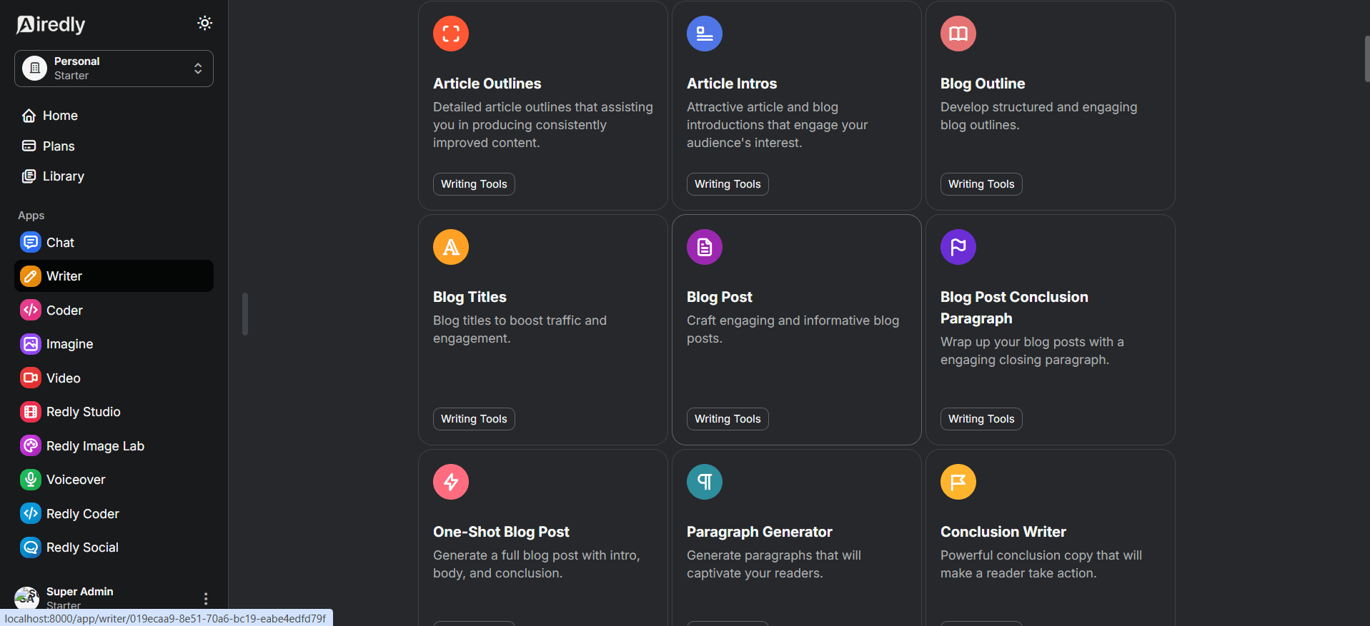 AiRedly Writer interface showing a library of structured writing tools
